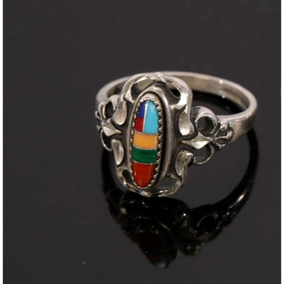 Sterling Silver Ring Wheeler Manufacturing Co. Six Stone Inlay Turquoise Sz 7.25 - Picture 1 of 6